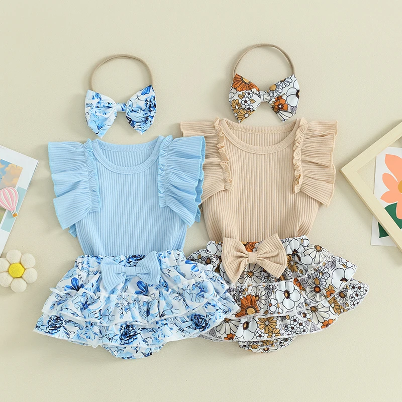 

0-18M Infant Baby Girl Summer Clothes Cute Ruffles Sleeveless Romper Tops and Floral Cake Skirt Shorts Headband Set 3pcs Outfits