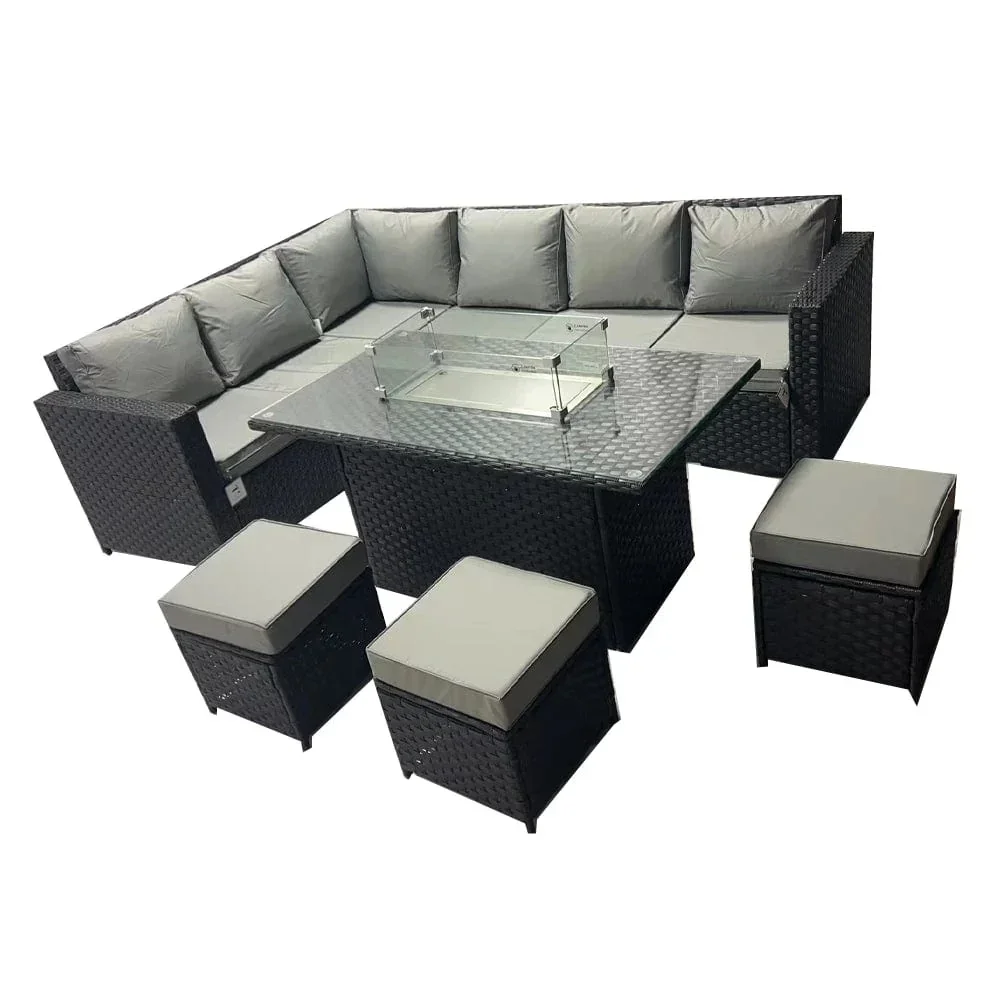 Rattan Garden Furniture 9 Seater Corner Sofa Set Rattan Sofas with Fire Pit Dining Table