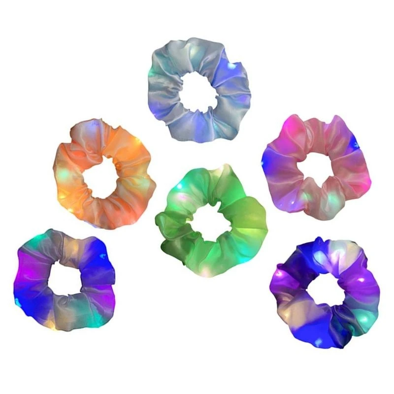 Y4NB 6Pcs LED 조명 머리 Scrunchies 다채로운 빛나는 새틴 부드러운 헤어 타이 밴드 탄성 포니 테일 홀더 파티 호의