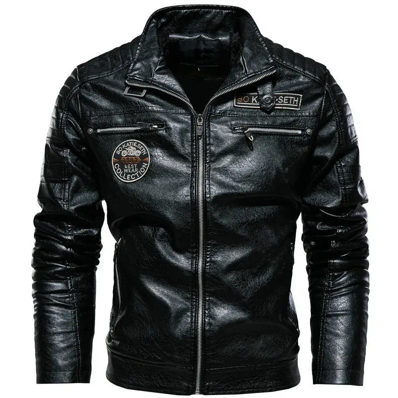 Men's Leather Jacket Winter Plush Retro PU Leather Bomber Flight Coat Outdoor Windproof and Waterproof Men's Leather windbreaker