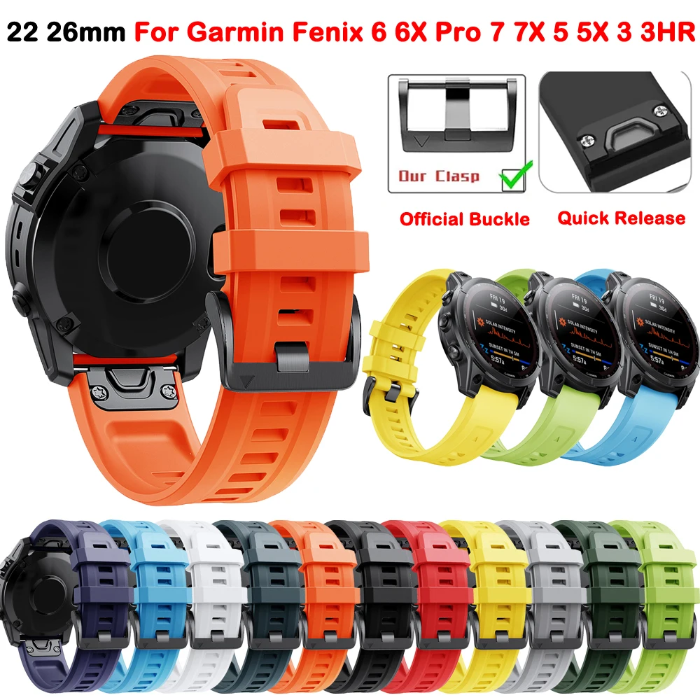 

22 26mm Smart Watch Silicone Band For Garmin Fenix 6X 6 Pro 7 7X 5 5X Plus 3 3HR Epix Gen 2 Enduro MK2i Quickfit Bracelet Straps