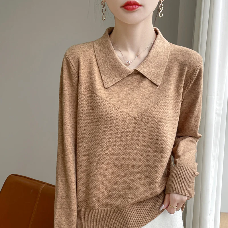 2024 Autumn/Winter Flip collar Cashmere Sweater Women Knitted Sweater Loose Fashion Cashmere Sweater Women 2