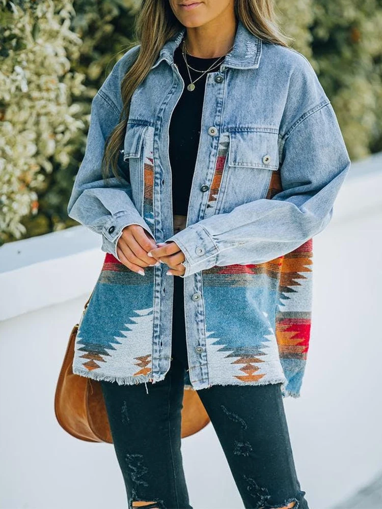 

Jeans Casual Jackets 2023 Spring Autumn New Lapel Pocket Denim Coat Patchwork Long Sleeve Patchwork Wool Women's Retro Jacket