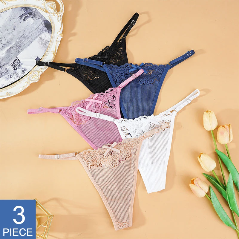 

3PCS/Set Lace Transparent Thong Women Panties Underwear Sexy Seamless Ladies Underpants Embroidery G String Adjustable Lingerie