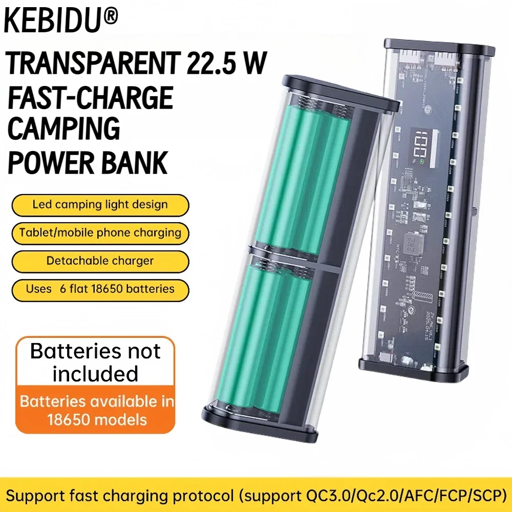 20000mAh 22.5W 모바일 전원 DIY 케이스 납땜 없음 6*18650 배터리 상자 DIY 충전 전원 LED 조명이있는 투명 쉘