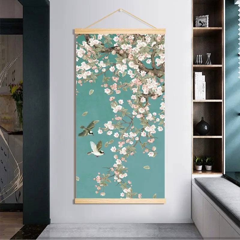 

Chinese Style Flower Scroll Wall Paintings Vintage Living Room Decorative Posters Passage Magpie Wall Art Picture Hanging