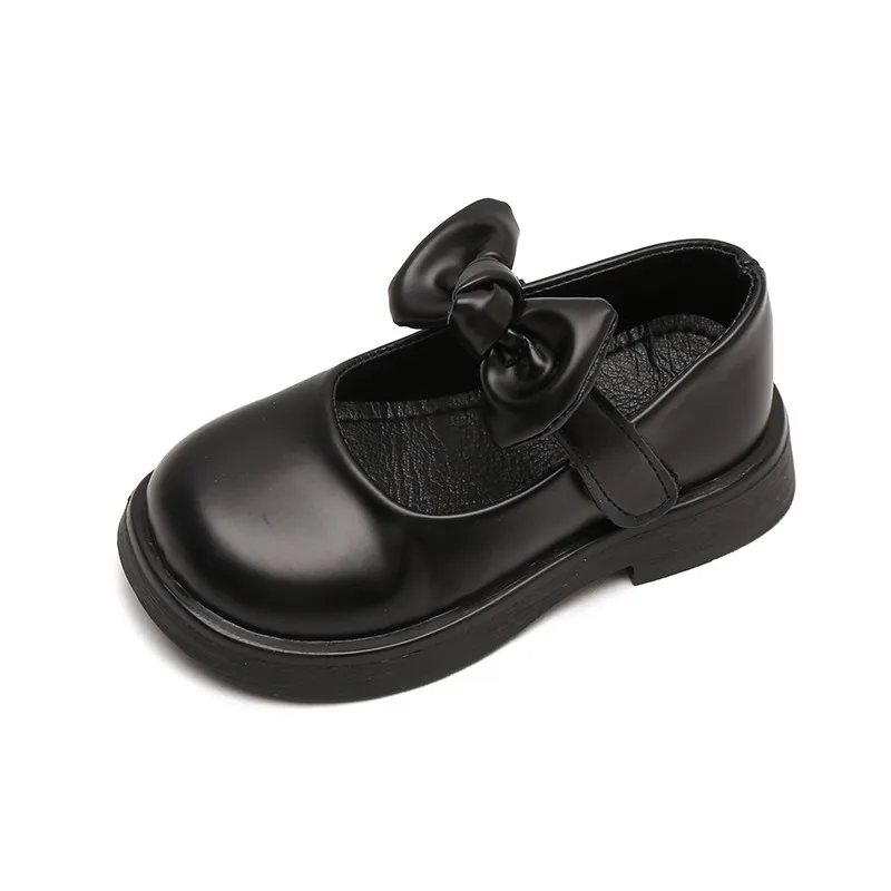 Leather Kids Shoes for Girls with Bow Non Slip Soft Sole
