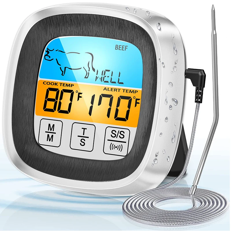 LMETJMA Digital Meat Thermometer with Large Touchscreen LCD Waterproof Instant Read Food Thermometer with Long Probe Timer JT125