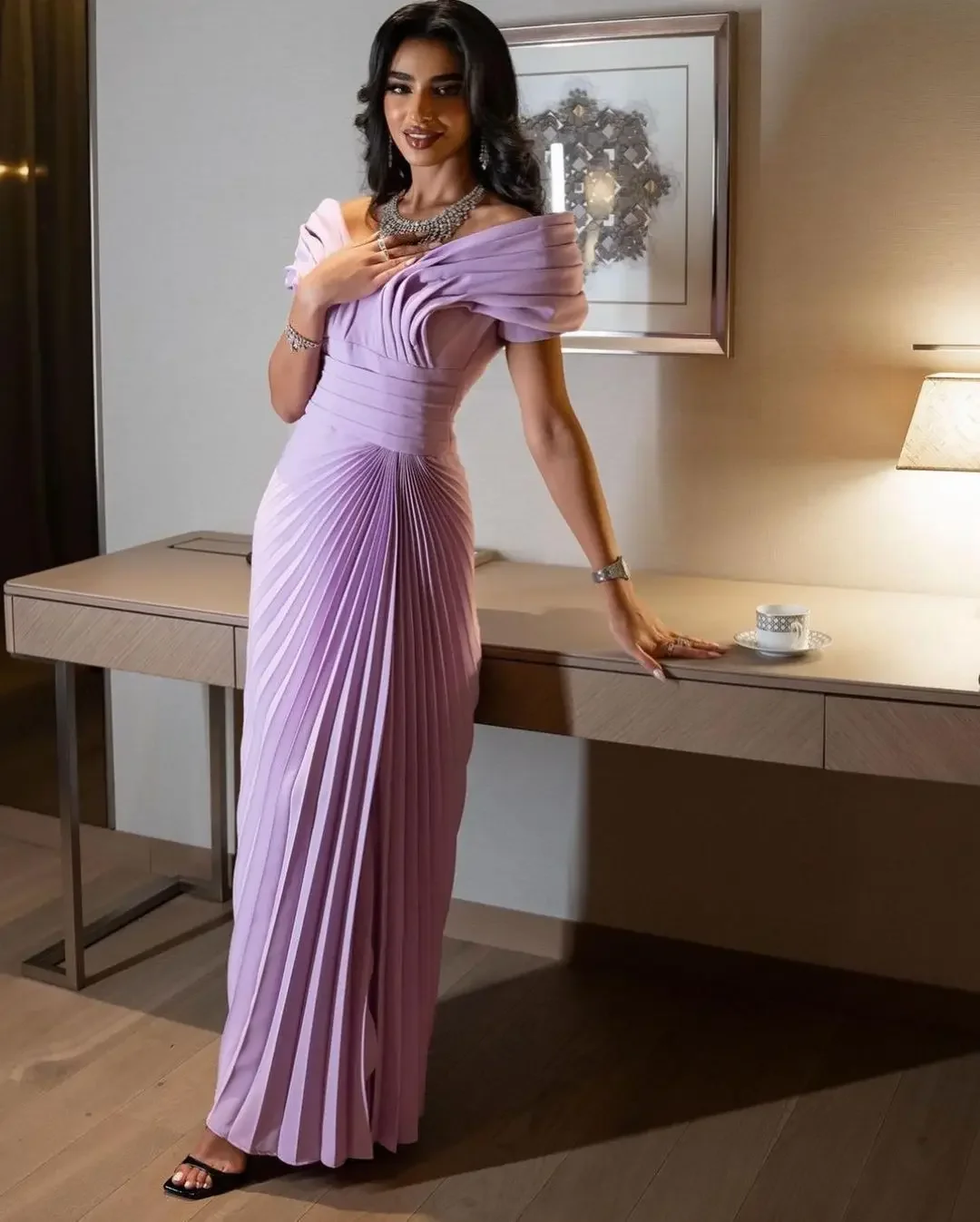 

Lilac Luxury Evening Dresses Mermaid Pleat Prom Dresses Off The Shoulder Floor Length Saudi Arabia Women's Party Gowns Vestidos