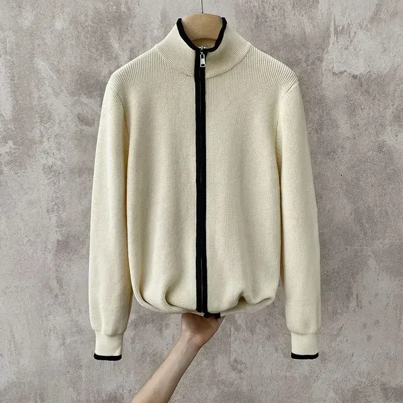 thumbnail image 1 of Suéter de punto para hombre, con cuello y cremallera, ropa para hombre, cárdigan con cremallera empalmada, sudadera negra, réplica informal de alta calidad TX, 1 of 5