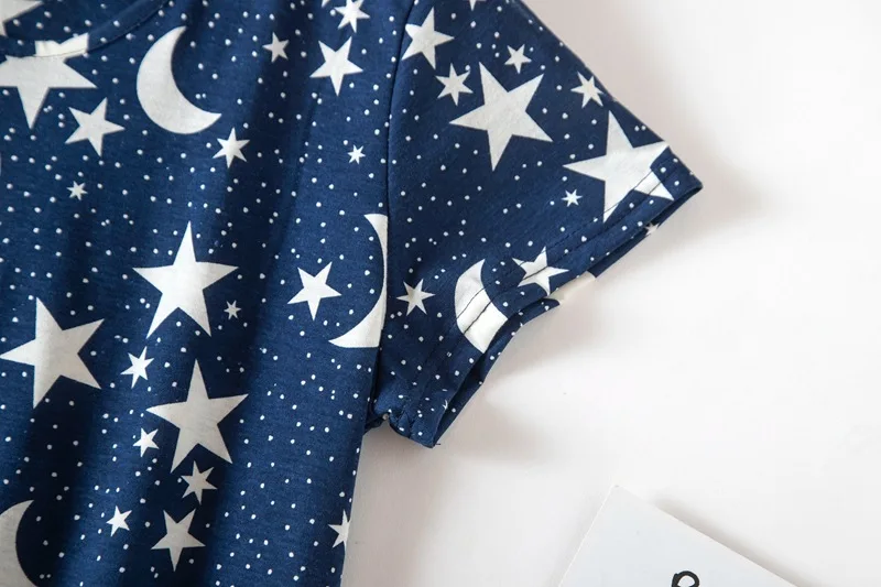 Sexy Nightwear Women with Star Moon Pattern Cotton Loungewear Round Neck Laides Sleepwear Girl Pajamas Dress Nightgown Big Size