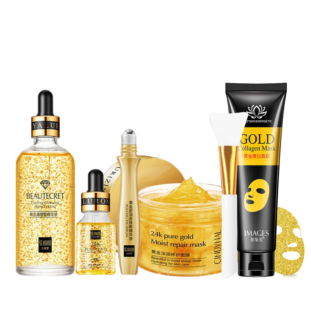 24K Gold Skin Care Sets Whiten Facial Mask Face Moisturizer Serum Anti Age Hyaluronic Acid Serum Eye Cream Women Korean Cosmetic
