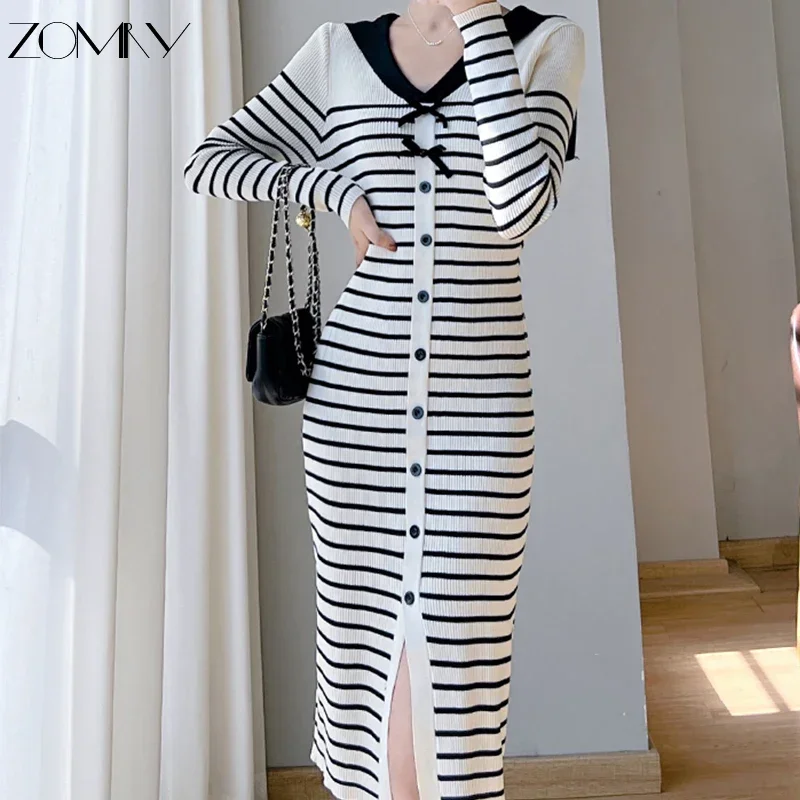 

ZOMRY Striped Knitted Dress Women Autumn Winter Long Sleeve Knitting Sweater French Fashion Slim Mom Casual Warm Midi Slit Robe