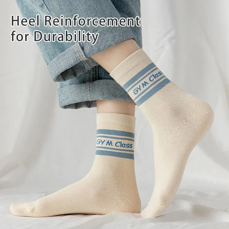 Womens Mid Calf Socks 5 Pairs of Women's Spring Four-season Cute SStriped Letters Youthful Beautiful Fashionable and Comfortable Mid-calf Socks