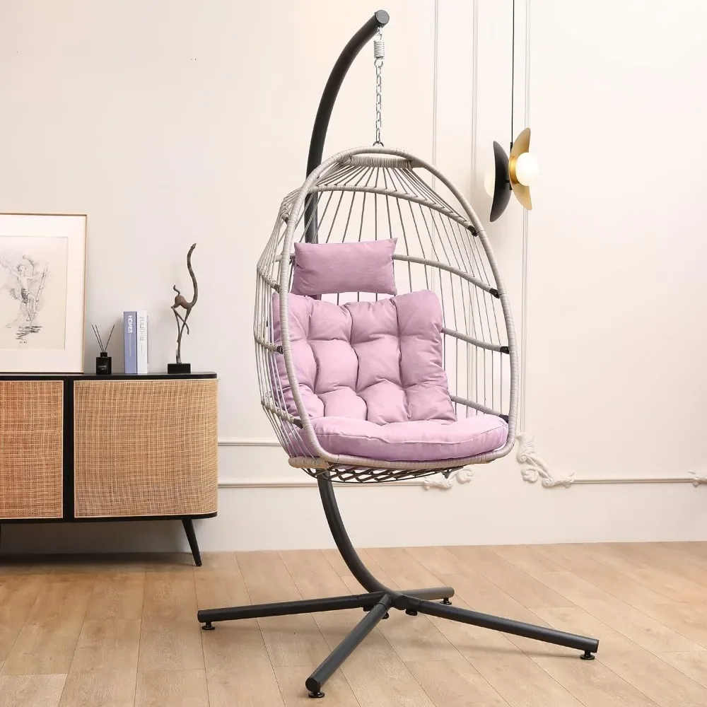 

Hanging Egg Chair with Stand, Indoor Outdoor Wicker Egg Chair with Cushion Headrest for Patio Bedroom Porch Garden