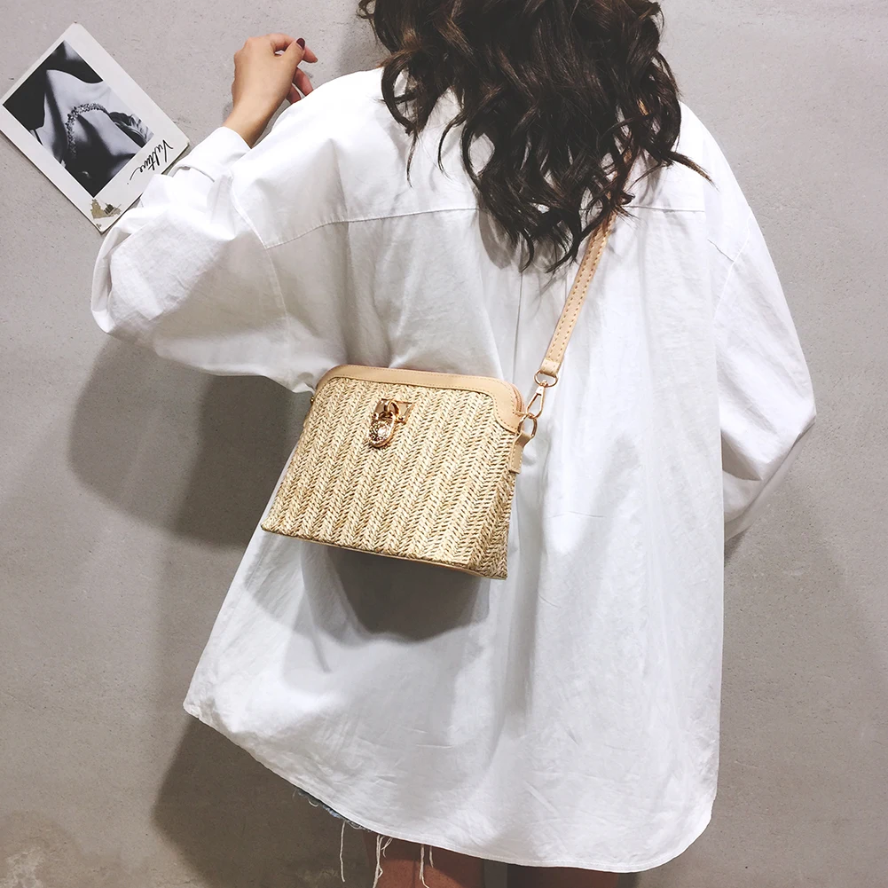 Straw Shell Crossbody Bag Women Boho Beach Woven Leather Shoulder Messenger Bags