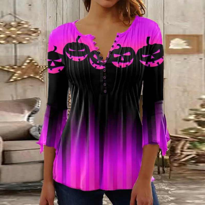 

Plus Size Women's Halloween Long Sleeve V-neck Graphic Printed Top
