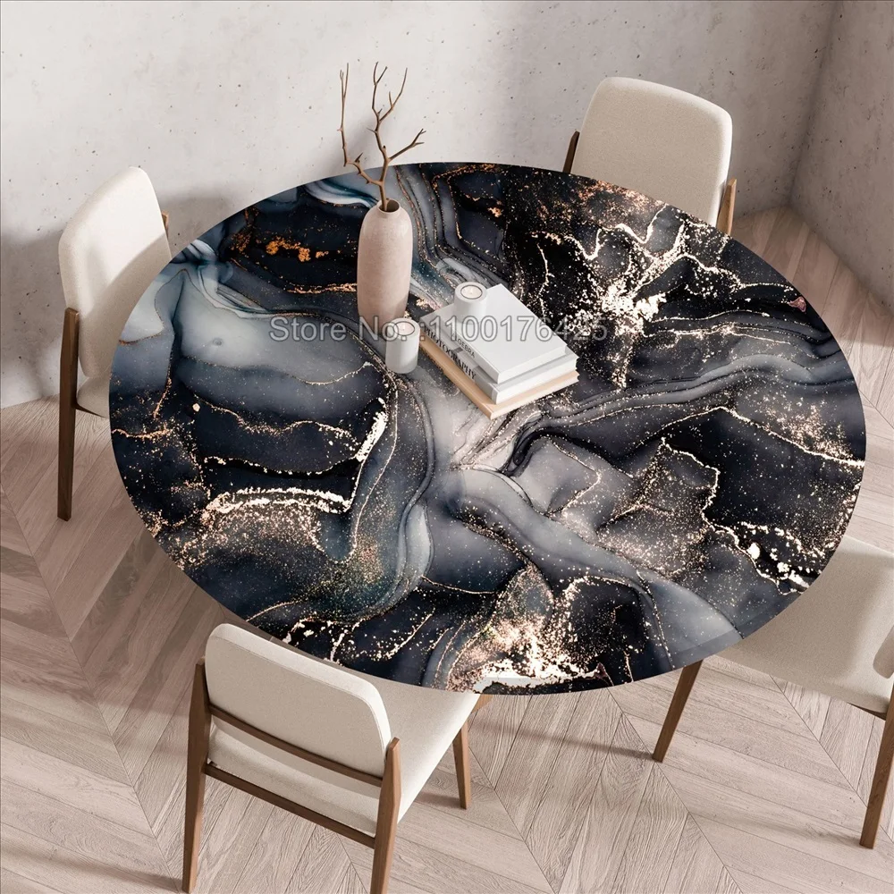 Round-Marble-Table-Cover-Black-and-Gold-Printed-Tablecloth-Waterproof ...