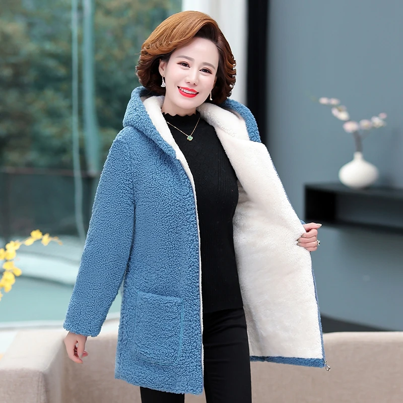 

Hooded Parkas Women's Grain Fleece Winter Jacket 6XL Warm Thicken Cotton Coat Loose Female Lambs Wool Long Snow Parka Overcoat