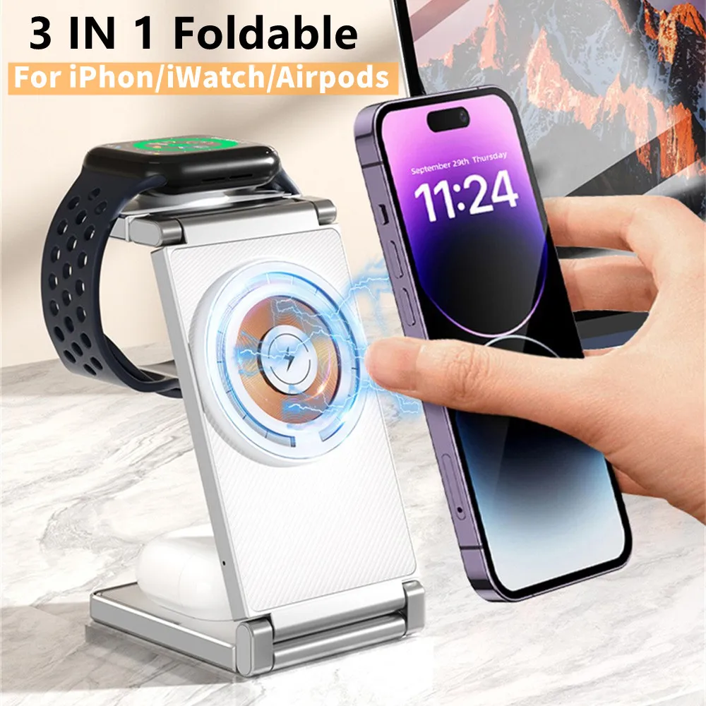 최신 3 IN 1 자기 무선 충전기 iPhone 15 14 13 12 Airpods 용 Pr..