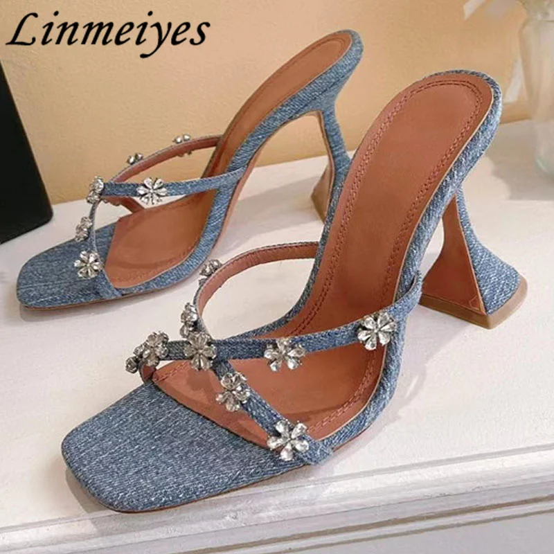 

Hot Sales Stiletto Slippers Women Rhinestone Flower Styles Mules Shoes Woman Square Peep Toe Party Summer Pumps Shoes Mujer
