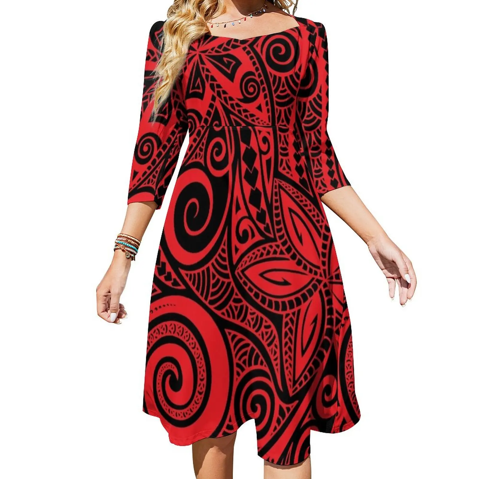 

Красное, черное, полинезийское, цветочный дизайн, расклешенное платье, женская летняя юбка, чувственное сексуальное платье для женщин, летняя одежда, длинное платье