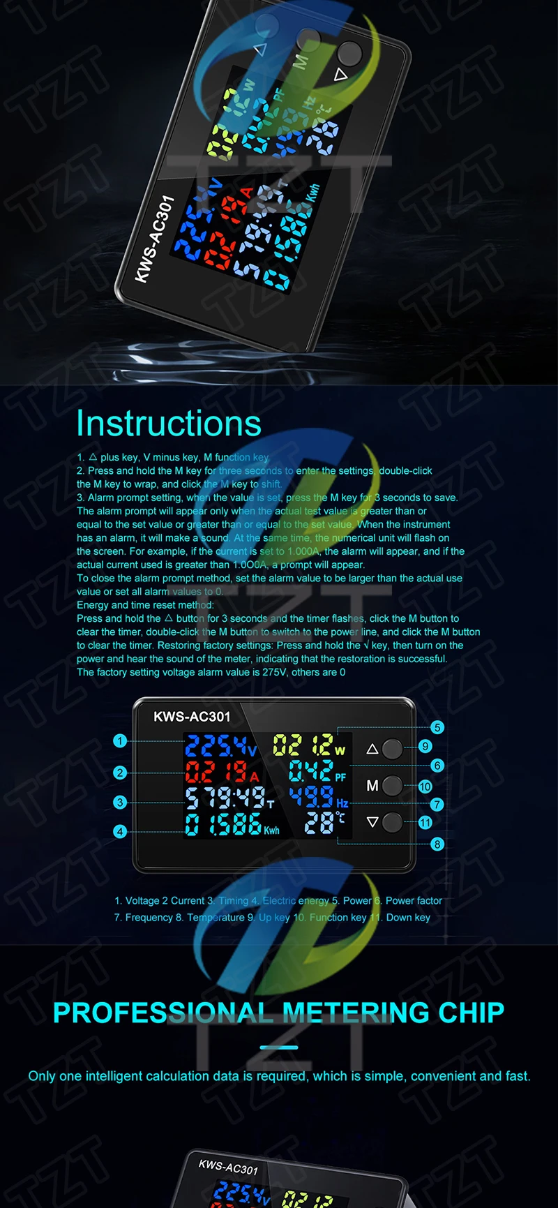 Description Picture 5 of itemKWS-AC301 Wattmeter Power Meter Voltmeter AC 50-300V Voltage 50-60HZ Power Analyzers LED AC Electricity Meter 0-20/100A Detector