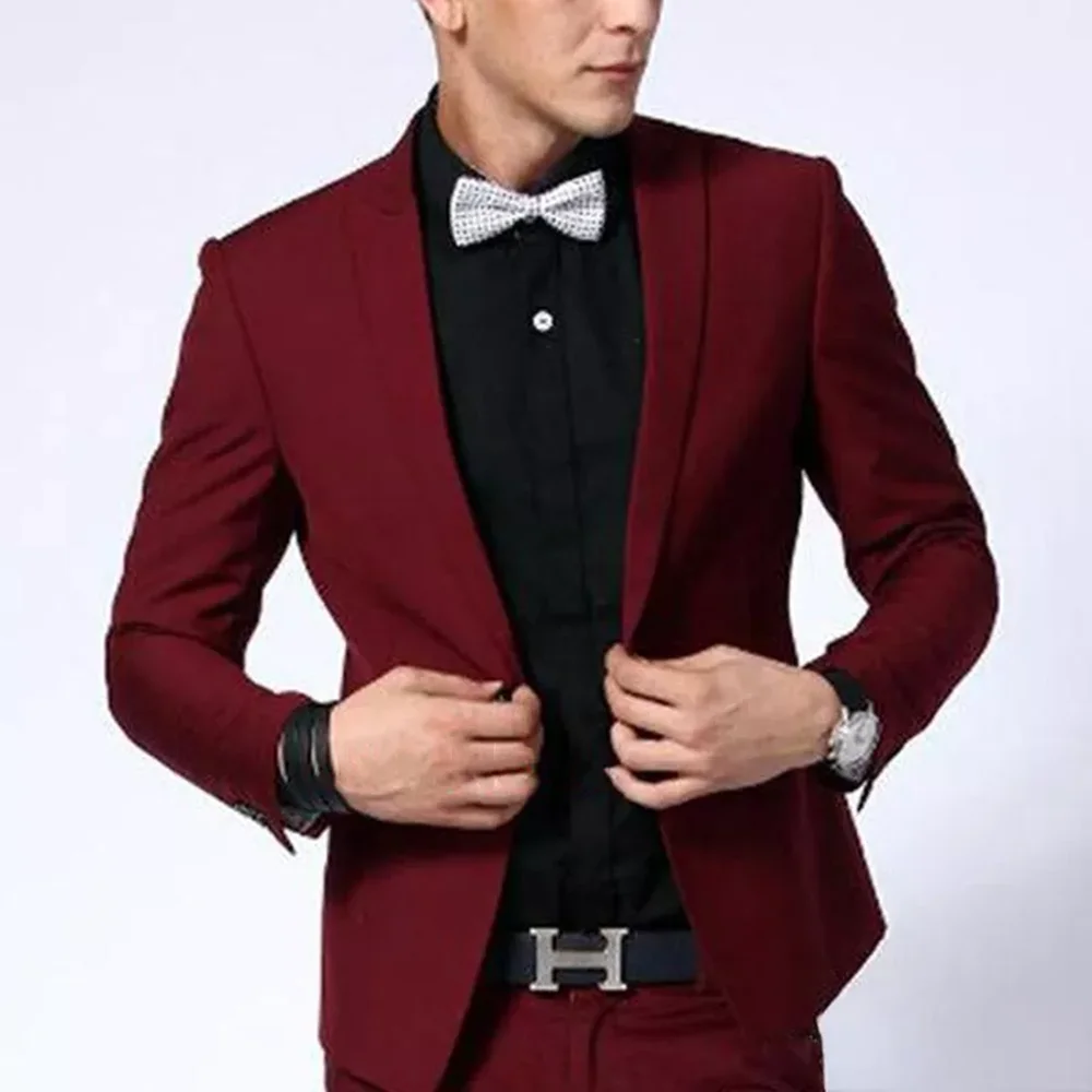 

2023 Mens Suits 2 Piece Dark Red Evening Party Costume Homme Peaked Lapel Blazer Slim Fit Custom Made Mens Performance Suit
