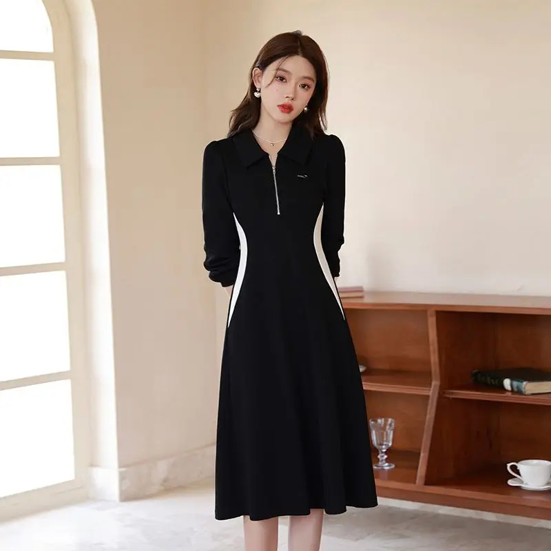 Women Spring Autumn Casual Polo Collar Midi Dress Korean Lady Sports Black Patchwork Dresses 203 New Fashion Clothing Female