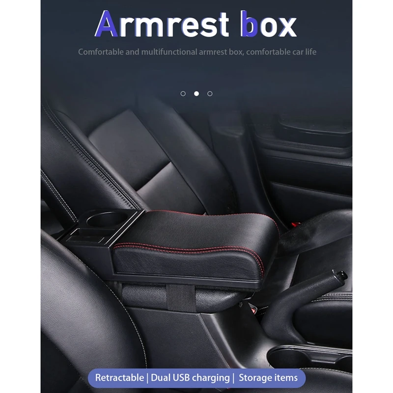 

Universal Central Console Armrest Box Storage Box PU Leather Organizer Tray Adjustable Armrest Pad With Cup Holder