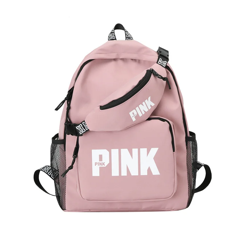 PINK Fashion Nylon Backpack bag and Waist Bag Set Mochila Casual