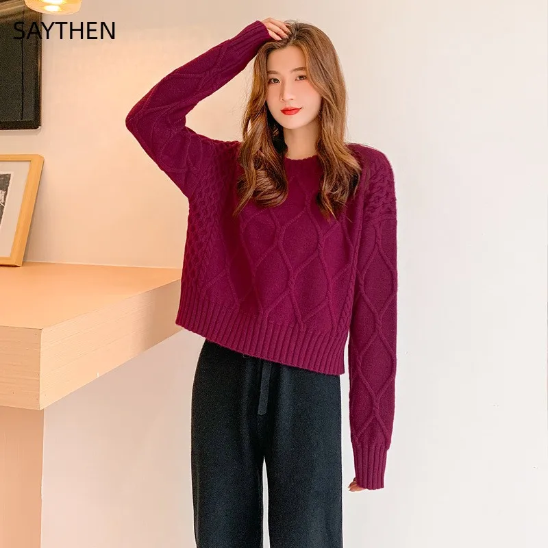 

SAYTHEN 2023 Autumn Winter Short Knitted Cashmere Sweaters New Women Korean Sweet Candy Loose Solid Color Twist Pullovers ST2327