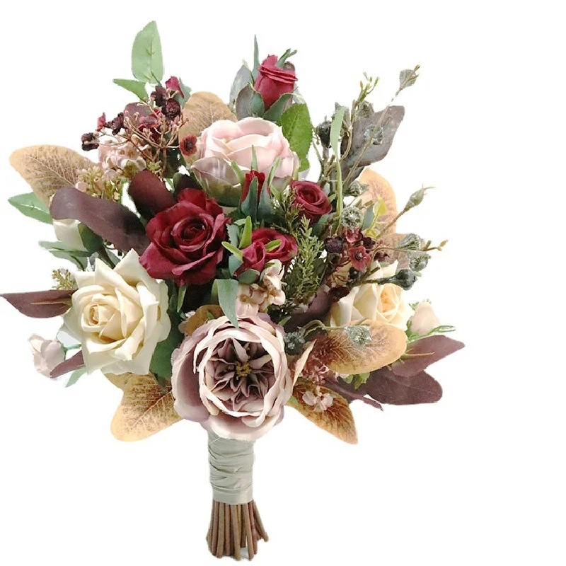 40X42cm Bridal Bouquet Home Floral Business Event Wedding Red Rose Simulation Flower Bundle Bridal Handheld Flowers 600