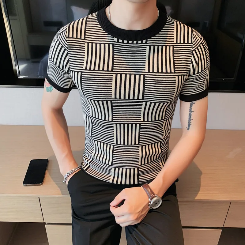 

2022 Autumn Striped T-shirt Men Short Sleeve Slim Fit Knitted Pullover Casual Business Social Tee Tops Streetwear Men Clothing