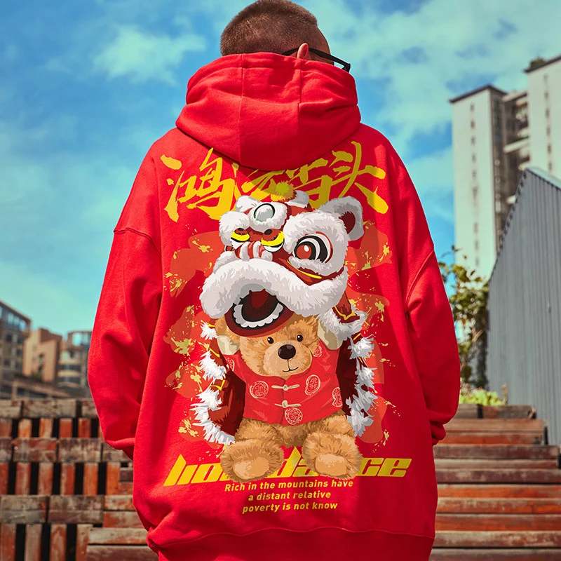 2022 Autunno Mens Y2K Felpa Con Cappuccio Lion Dance Bear Felpe Con Cappuccio Hip Hop Warm Fleece Graphic Felpa Con Cappuccio Casual Streetwear Pullov
