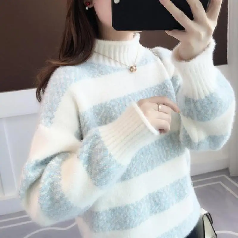 

Autumn Winter New Women's Fashion Turtleneck Stripe Pullovers Sweaters Elegant Versatile Casual Loose Commuter Long Sleeve Tops