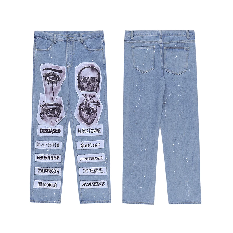 Fashion Skull Graffiti Patchwork Denim Jeans Mens Zipper Jeans Hip Hop Streetwear Casual Harajuku Straight Joggers Jeans Pants