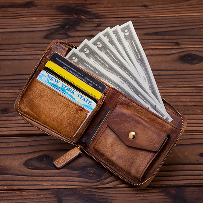 MOTAORA Men's And Women's Wallets Leather Short Zipper Wallet 5 Color Coin Purse Vintage Cash Bag Cowhide Solid Money Bags