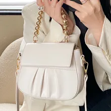 

White Pleated Shoulder Bags for Women Pearl Chain Crossbody Bag Luxury Soft Leather Messenger Bag Ladies Small Flap Handbags Sac