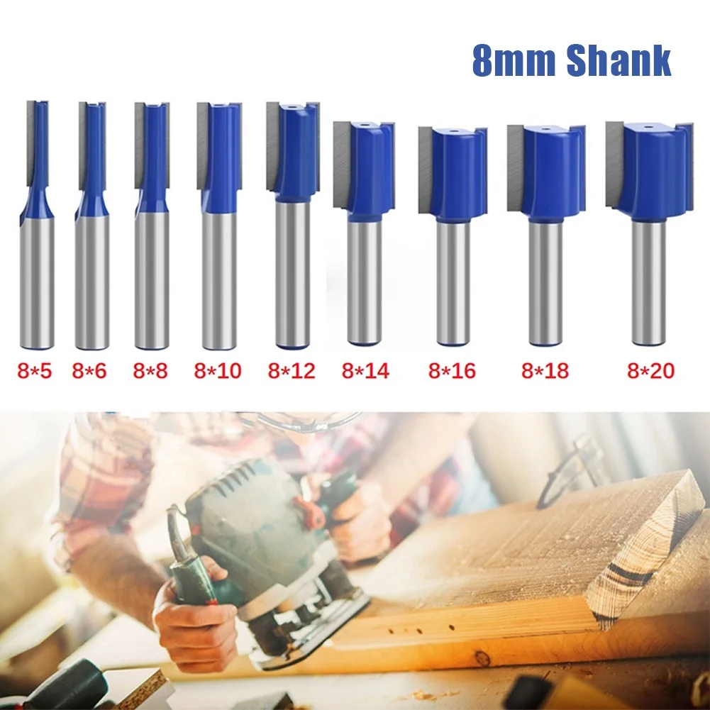 

8mm Shank Straight Router Bit Double Flute Wood Milling Cutter Tenon 5/6/8/10/12/14/18/20mm MDF Solid Woodworking Carving Tools