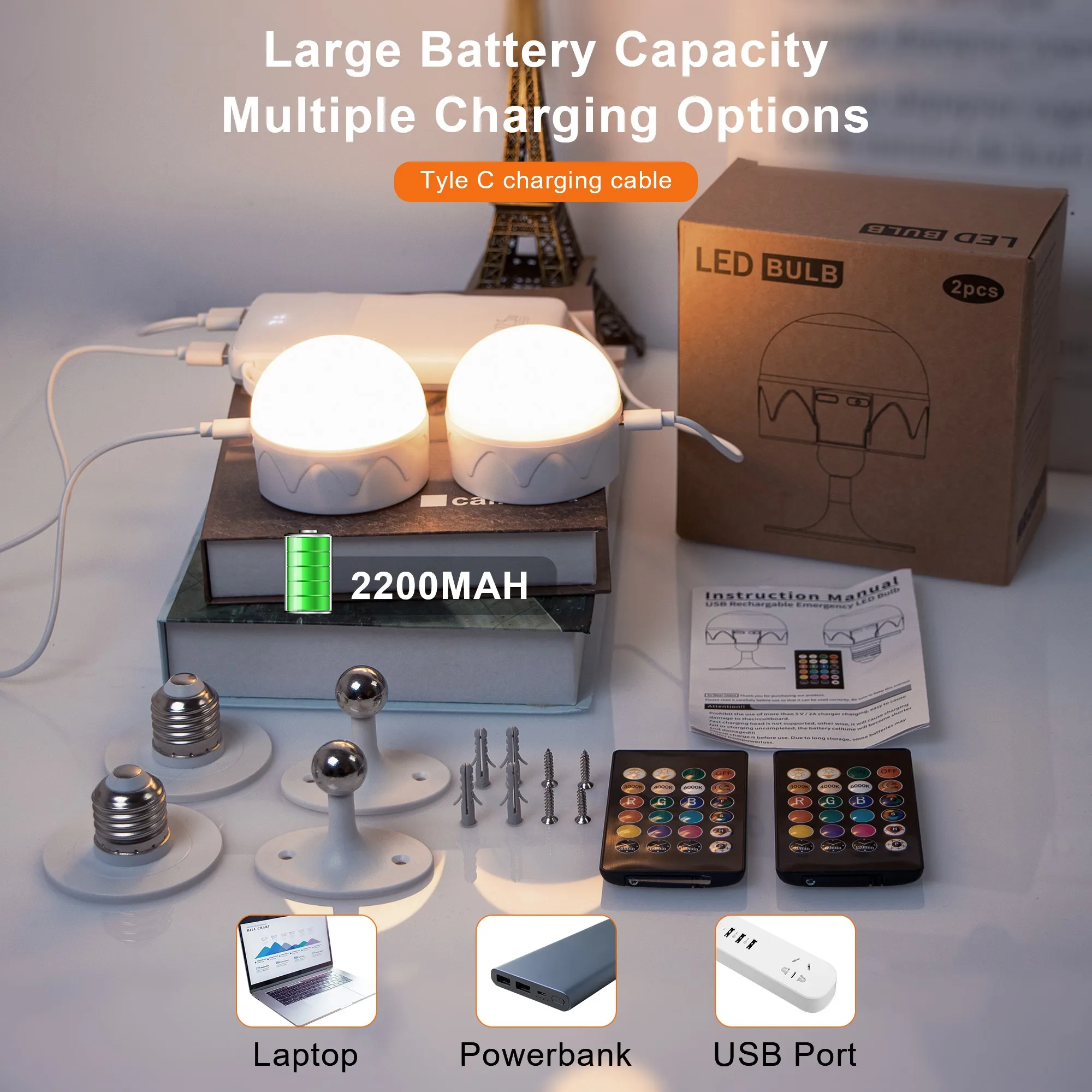 NON UTILIZZATO] Lampadina Ricaricabile USB-C Con Telecomando, 3 Colori E14 Dimmerabile Con Batteria 6w Con Funzione Di Timing Luce Di Emergenza Con Magnetico 2 Unita Classe Di Efficienza Ener 92250072