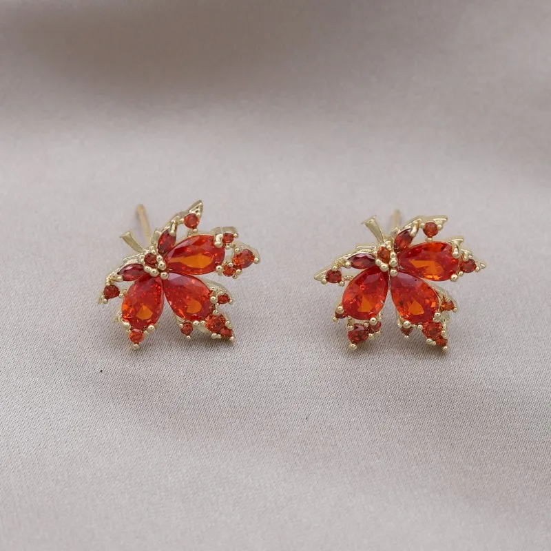 Korea Fashion Jewelry Orange Zircon Maple Leaf Pendant Earrings Necklace Women's Party Accessories jewelry sets jewelry set