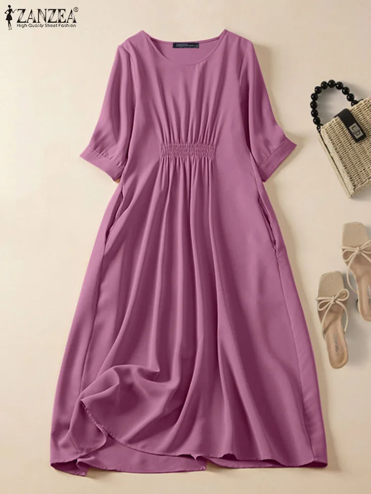 

ZANZEA Women Solid Maxi Long Robes Oversized Dresses Vintage Round Neck Pleating Sundress Casual 2023 Summer Pocket A-line Dress