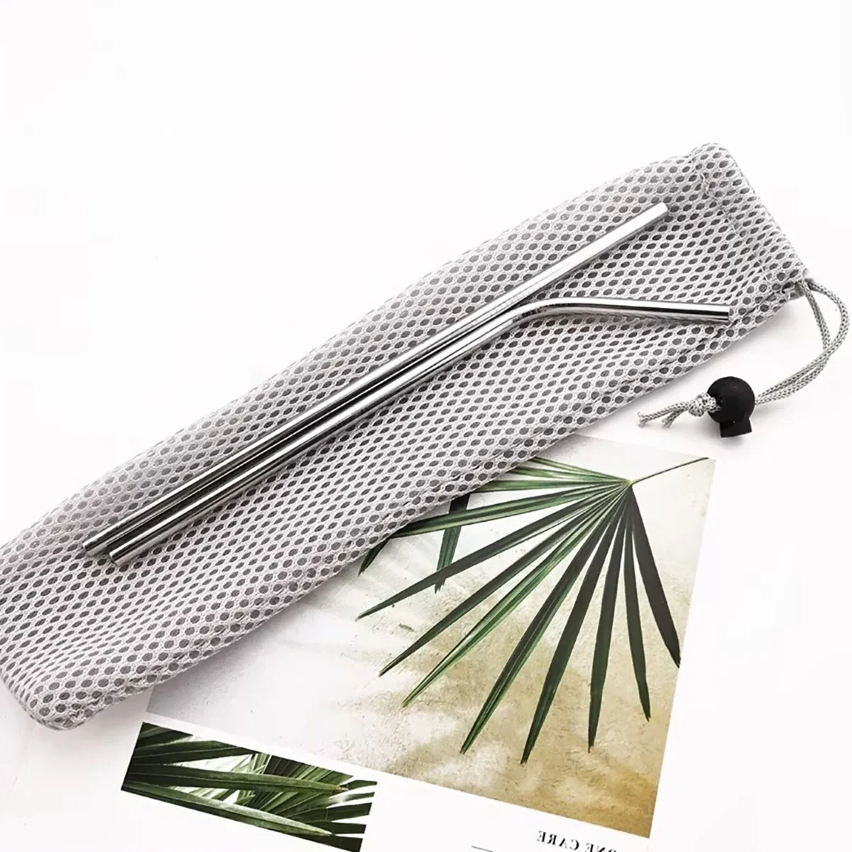Elegant Black Reusable Stainless Steel Straw Set - 5 Piece Home Bar Accessory with Cleaning Brush and Carry Bag