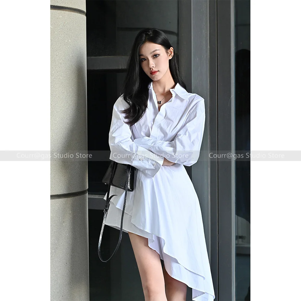 

2024 Spring and Autumn new heavy work pressure pleats waist irregular double layer oblique hem long-sleeved shirt dress female