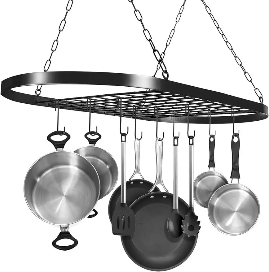 

Pot and Pan Rack for Ceiling with Hooks — Decorative Oval Mounted Storage Rack — Multi-Purpose Organizer for Home, Restaurant