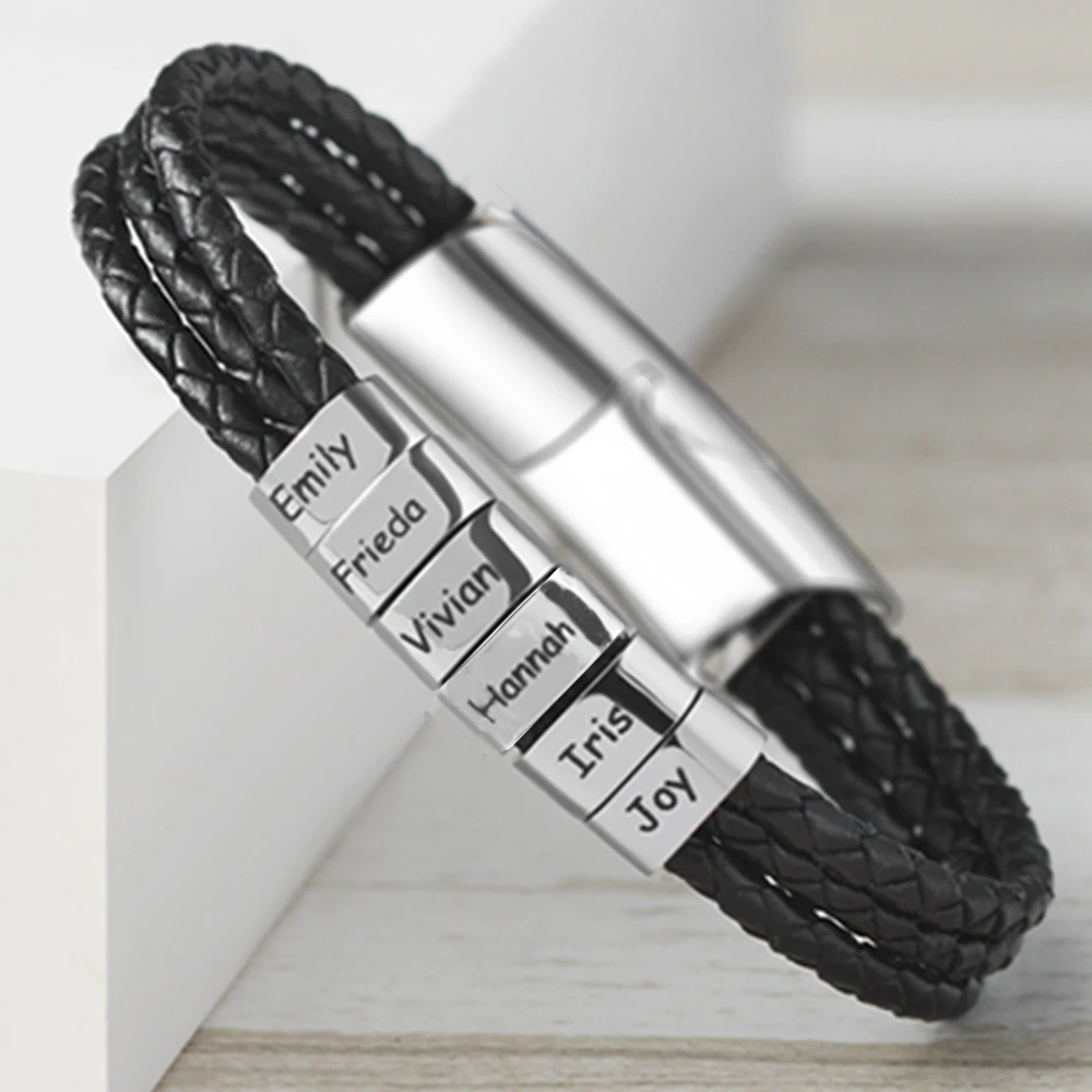 Personalized Custom Names Bracelet Stainless Steel Beads Free Engraved Letters Genuine Leather Bracelets for Men Family Gift