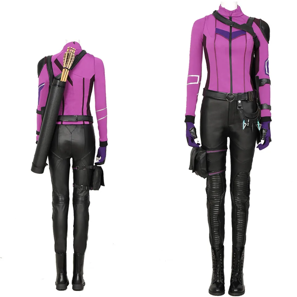 

Hawkeye Kate Bishop Cosplay Costume Halloween Clothes All Black Trousers Purple Jacket Leather Shoes Ladies Party Uniform
