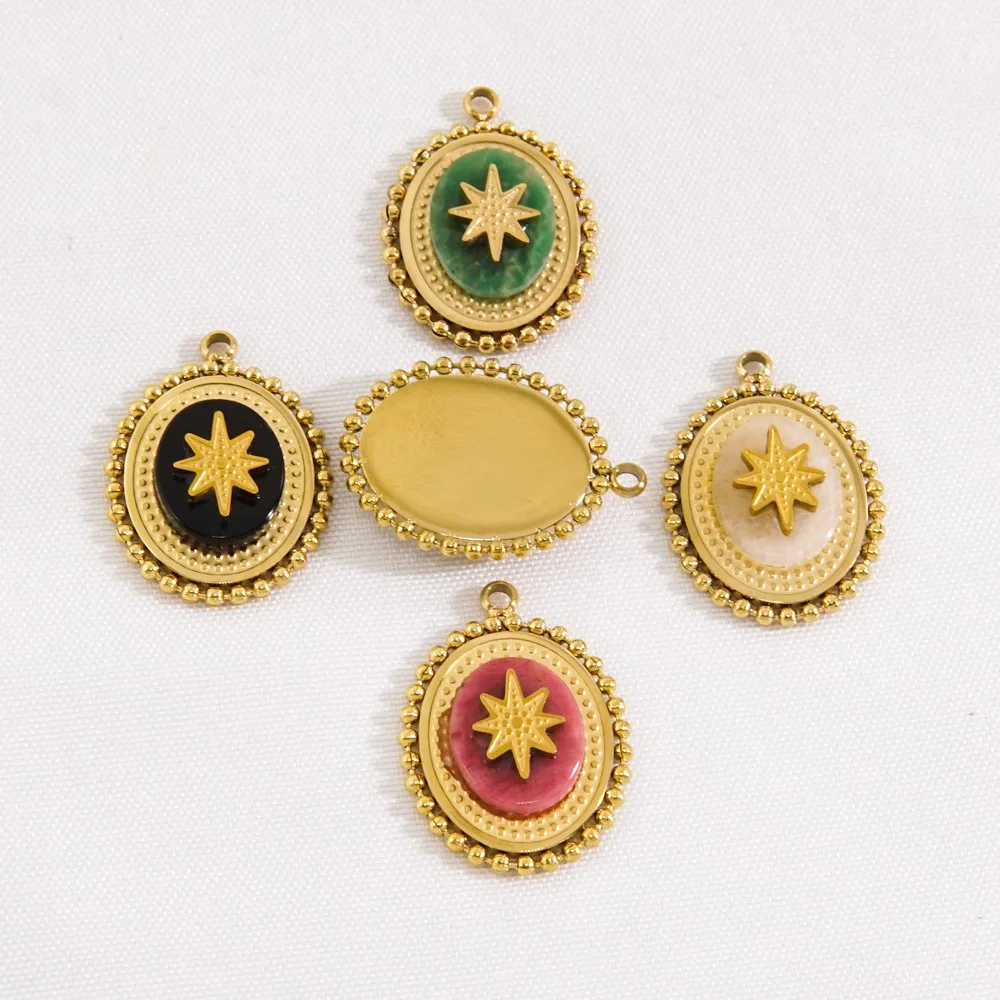 

2PCS Stainless Steel Bohemian Style Eight Pointed Star Oval Natural Stone Pendant DIY Jewelry Making Necklaces Wholesale