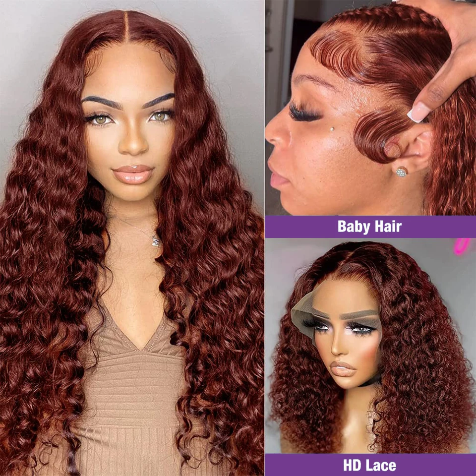 Human Hair Wigs 13x4 13x6 Water Wave Lace Front Full Lace Frontal Red Color Reddish Brown Copper Red HD